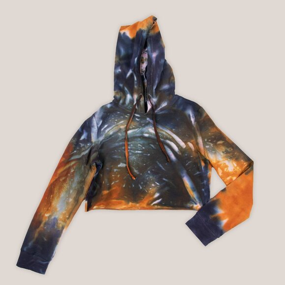 Alvina Tie Dye Hoodie Crop Top in Orange + Black by Akasha Sun Hand-Dyed - Picture 1 of 2